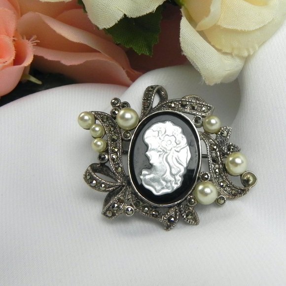 Sterling Silver Marcasite Crystal Onyx Pin | Victorian Cameo Brooch - Picture 4 of 5